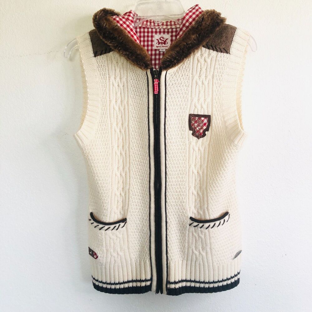 Spirth & Wensky Tyrolean Alpen Trachten Knit Vest Hooded Faux Fur Cream Size M